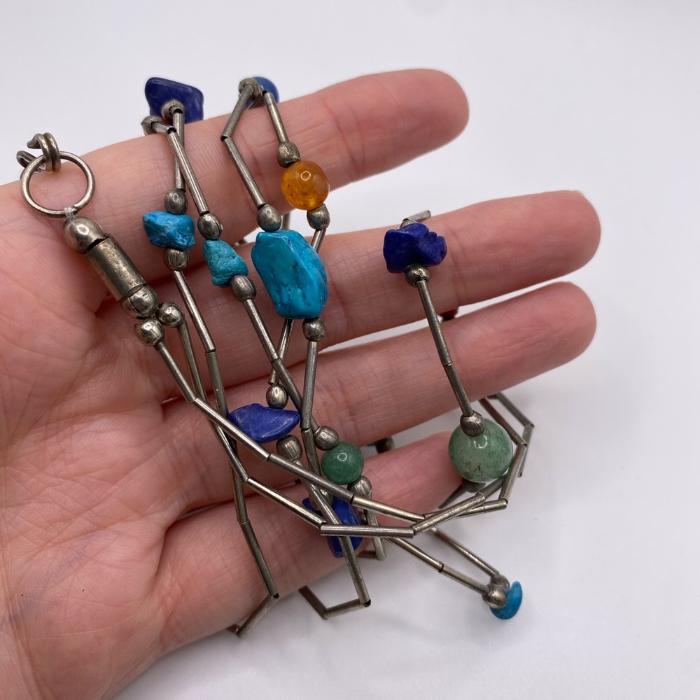 Vintage Double Strand Liquid Sterling Silver Multi Gemstone Necklace - Picture 6 of 8